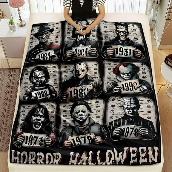 Soft Comfortable Horror Icons Flannel Fleece Throw Blanket | Preppy Style, Digital Print, All-Season Multipurpose Knit Fabric Bedding, Office, Picnic, Home Decor Blanket - 200-250Gsm