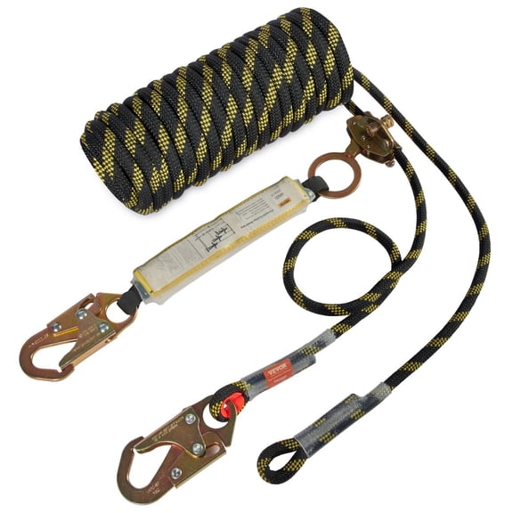 Vertical Lifeline Fall Protection Kit,0.55 Inch x 50 Foot Polyester Safety Rope with 30 KN Breaking Strength,Includes Steel Snap Hooks,Rope Grab, and Shock Absorber,ANSI Compliant Roof Anchor System
