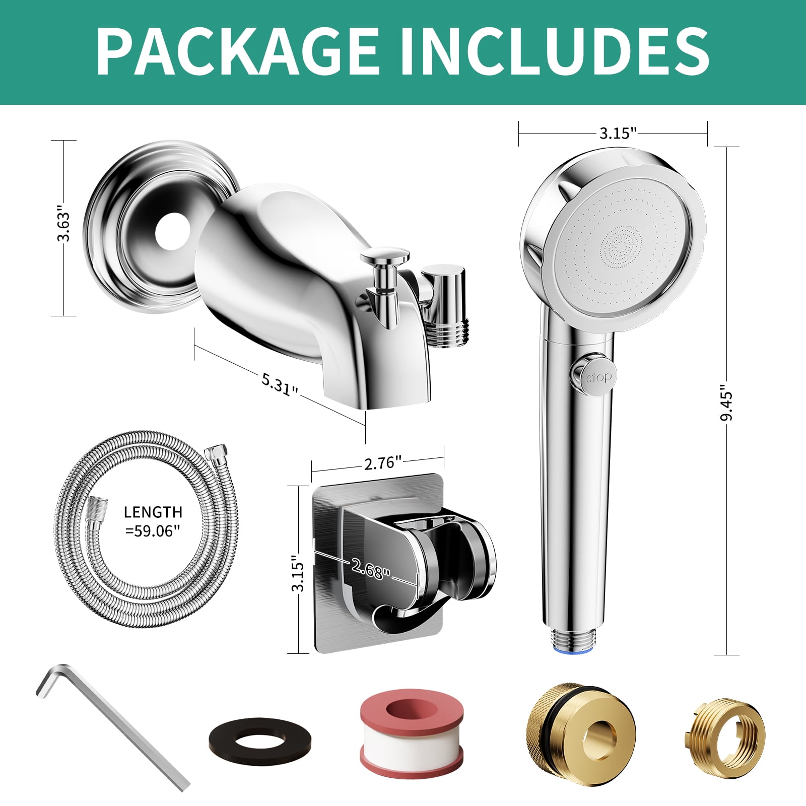 KAIYING Bathtub Faucet with Sprayer, Filtered 3-Mode Shower Head with ON/OFF Button, Metal Tub Tap Attachment Includes 3 Adapters, Shower Head for Tub Faucet (Chrome)