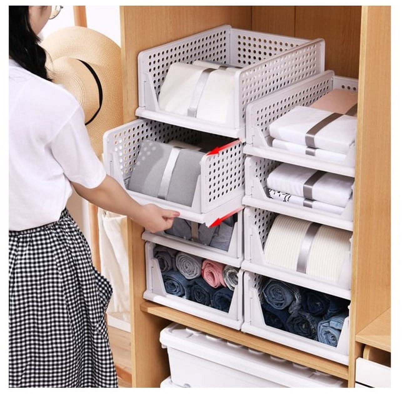 Mupera Storage Drawers Clothes Stackable - White Plastic Folding Storage Plastic Bin, Push-Pull Clothes Organizer Shelf, Collapsible Storage Box for
