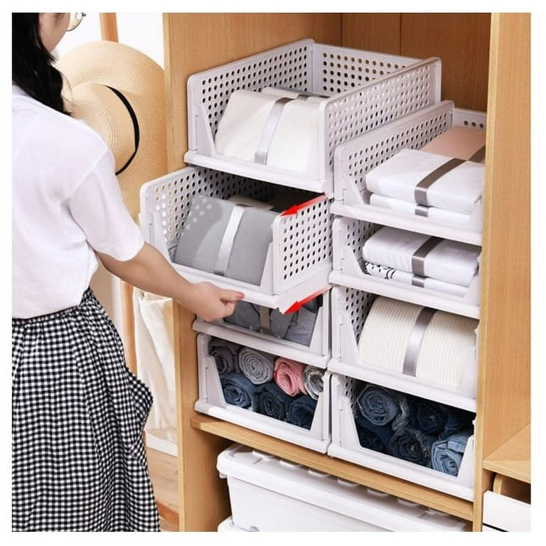 2 Pack Stackable Storage Bins, Foldable Sliding Bins,Plastic Clothes Drawer  Organizer Wardrobe Storage Box Shelf Basket for Cabinet,Office, Laundry,  Bedroom Closet, White-2L 