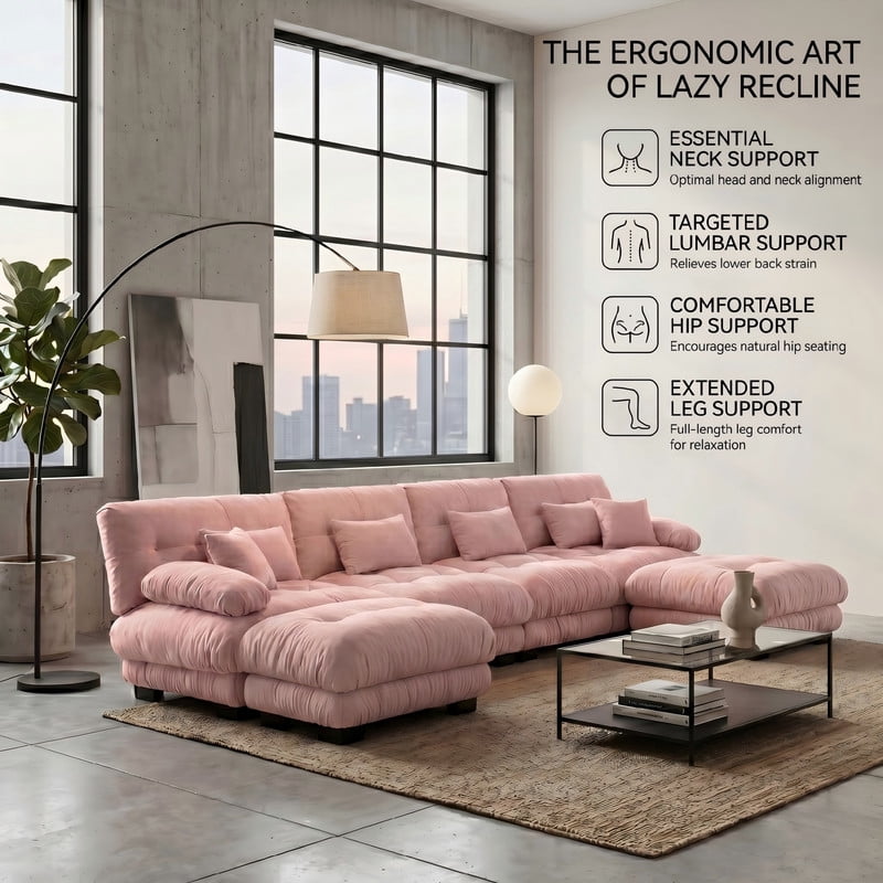 ANPPORT Cloud Couch Sleeper Sofa, Chenille Pink 4-Seater Modular Sofa with 2 Ottomans, 4 Lumbar pillows, 2 Pillows, Comfy Deep Seat Cloud Sofa, Convertible L-Shaped Floor Couch for Living Room