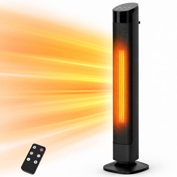 Romswi 1500W 24in Tower Space Heater Ceramic 12h Timer Remote Control Thermostat 70° Oscillation Eco Mode for Bedroom Office Inside