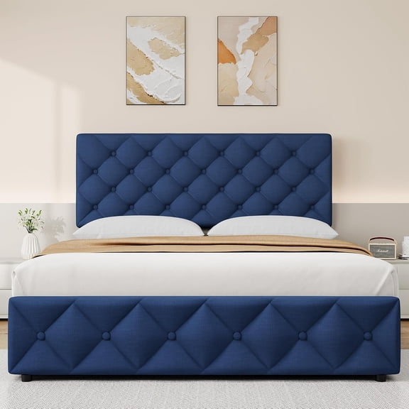 Full/King Size Bed Frame With Headboard,Linen Upholstered Platform Bed Frame With 4 Storage Drawers,Button Tufted Style,No Box Spring Needed