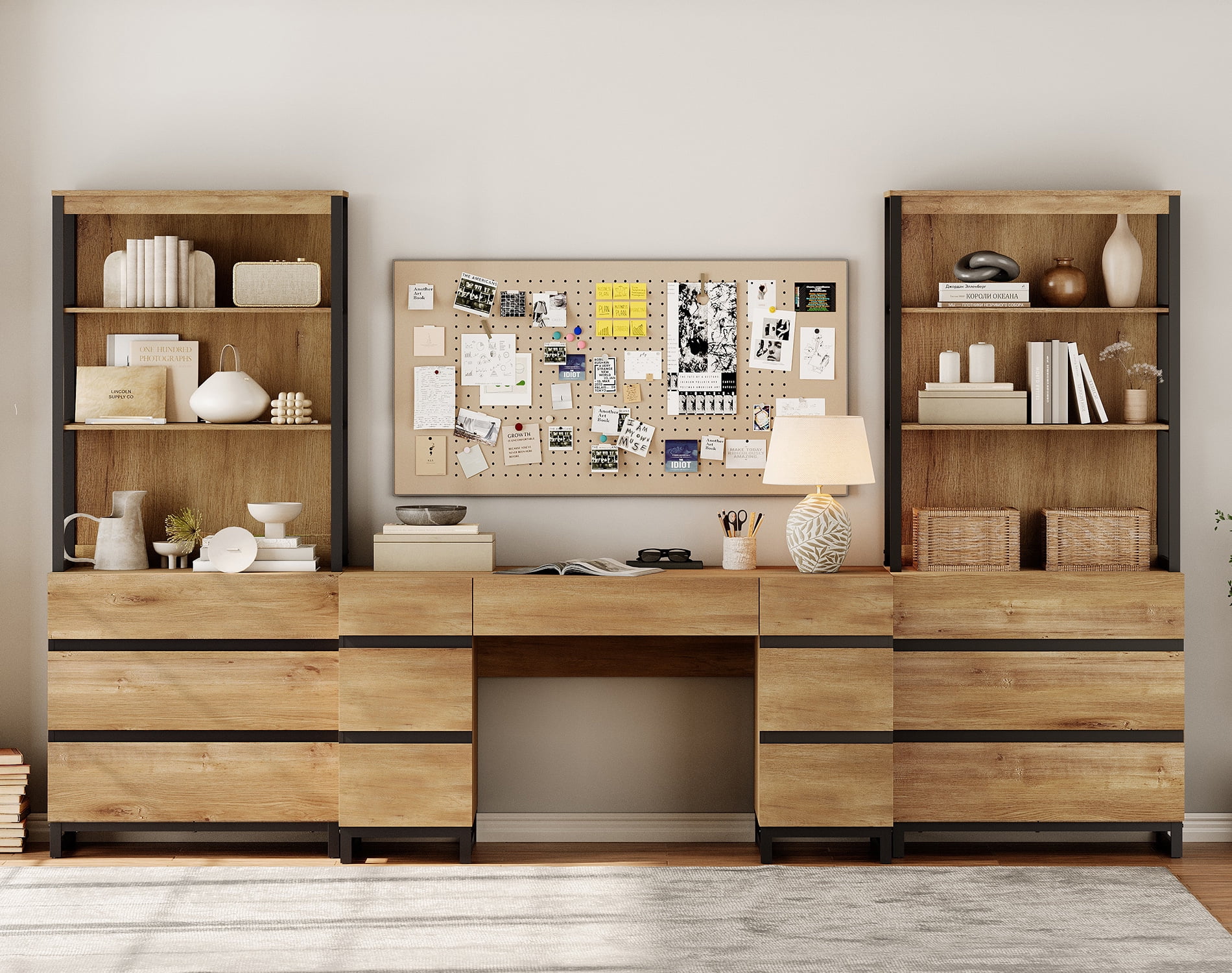 WAMPAT Home Office Furniture Set: 59in Modern Executive Desk with Charging Station and Drawers and 2 PCS 72in Tall Bookcases with 6 Drawers, Home Office Furniture for Living Room, Bedroom, Oak