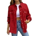 thumbnail image 1 of GDREDA Ripped Fringe Jean Jacket Women Distressed Washed Button Down Frayed Denim Shacket with Pocket Red,XL, 1 of 6