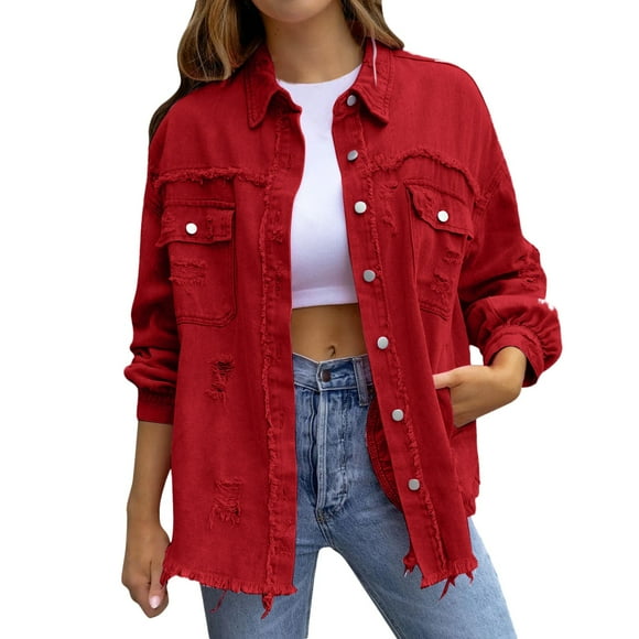 BYHONG Womens Autumn Spring Oversized Denim Jacket Casual Long Boyfriend Distressed Jean Jacket Jackets for Women Coat for Women Red XL