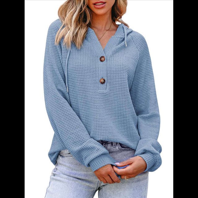 Sudadera con Capucha para Mujer, de Punto Gofre, Larga, Cordón Ajustable, Botones, Cuello en V, Informal, Tipo Jersey, con Capucha Azul L