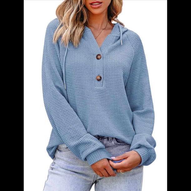 Sudadera con Capucha para Mujer, de Punto Gofre, Larga, Cordón Ajustable, Botones, Cuello en V, Informal, con Capucha Azul XXL