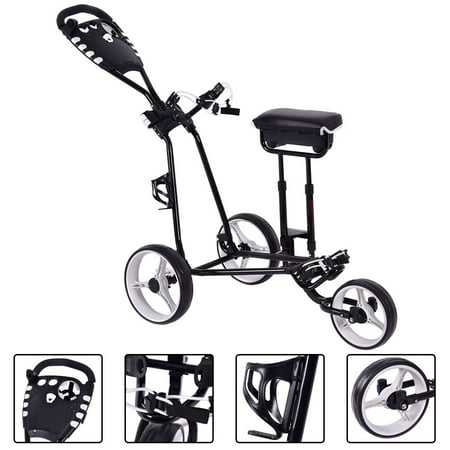 Costway Foldable 3 Wheel Push Pull Golf Club Cart Trolley w/Stool Scoreboard
