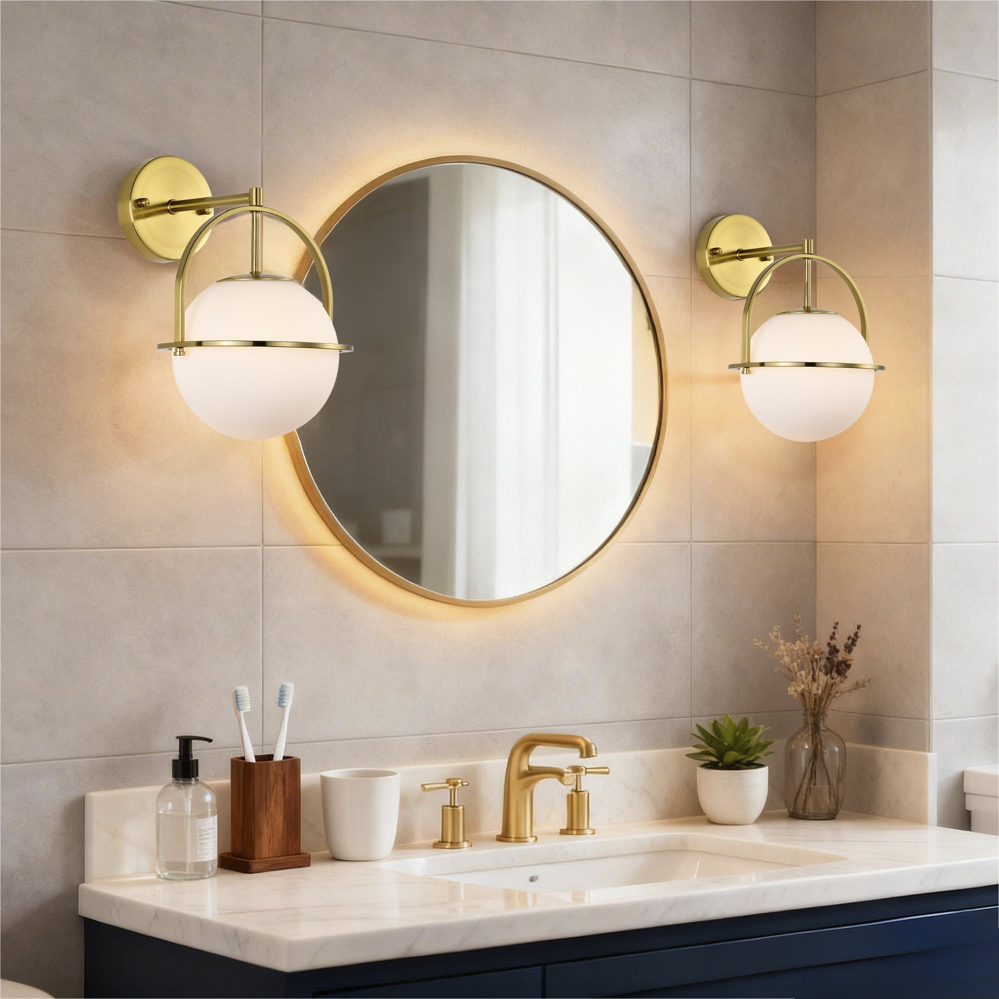 ASHOP Gold Wall Sconce Set of 2 Globe Glass Light Fixtures Mid-Century Modern Lamp with Frosted Shade