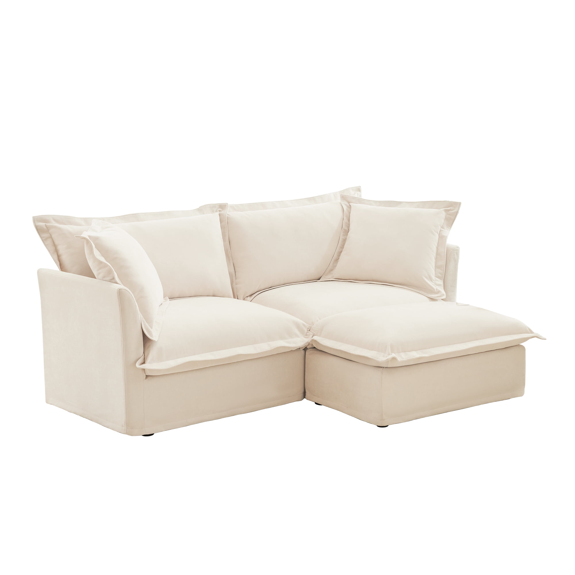Gewnee Chenille Fabric Cream Sectional 2 Seater Sofa Couch with Convertible Ottoman, Wide and Deep Seat L Shaped Sofa For Living