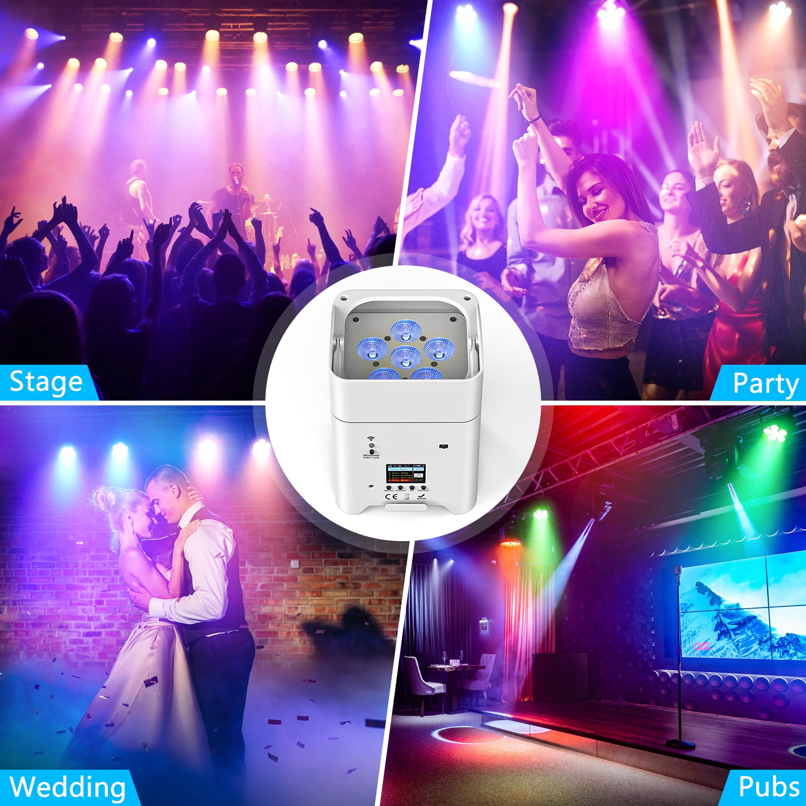 4Pack 108W Battery LED Par Spotlight Rechargeable RGBWA+UV WiFi/DMX/APP Stage Light w/ 1 Bag, White