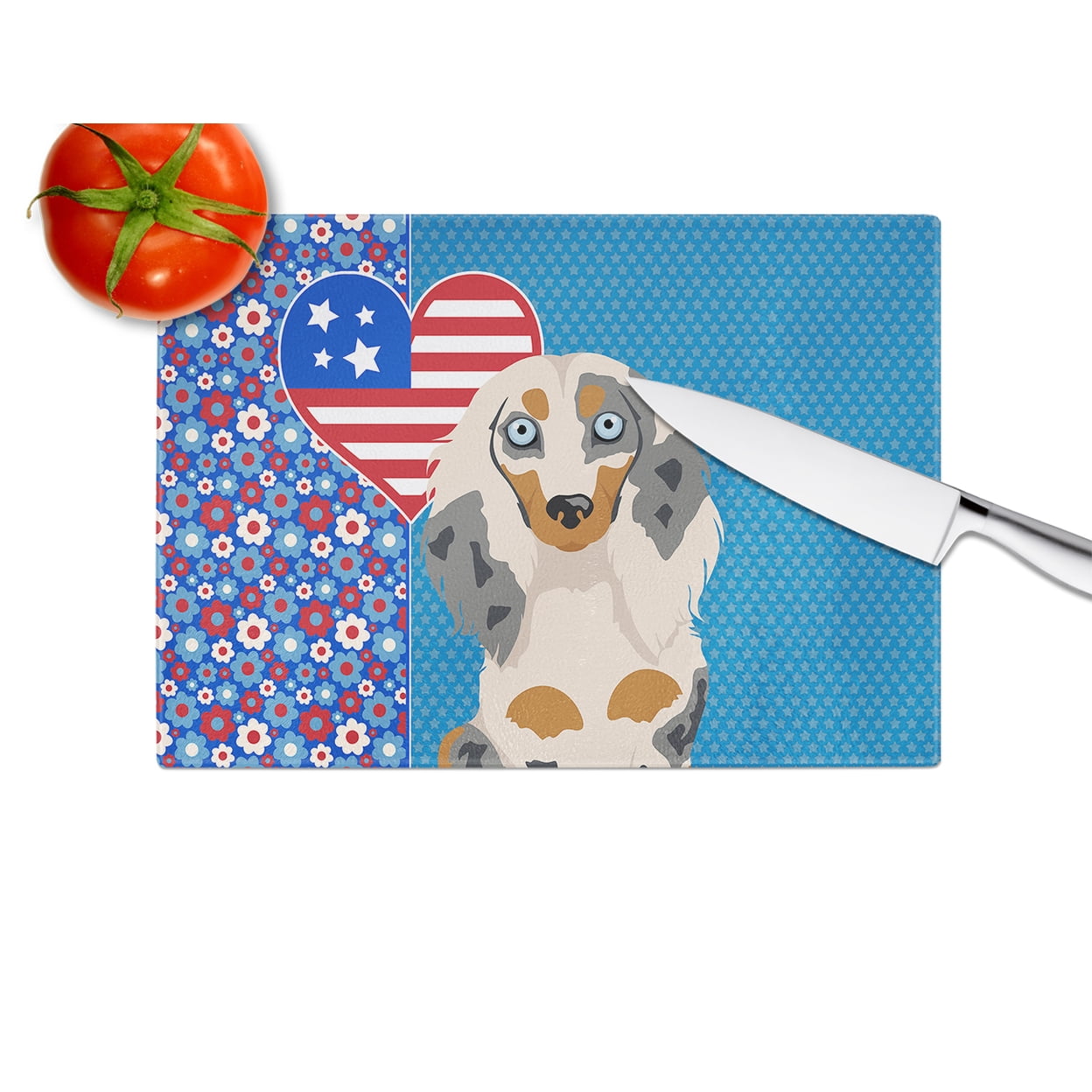 Longhair Cream Dapple Dachshund Glass Cutting Board Large 12 in x 15 in