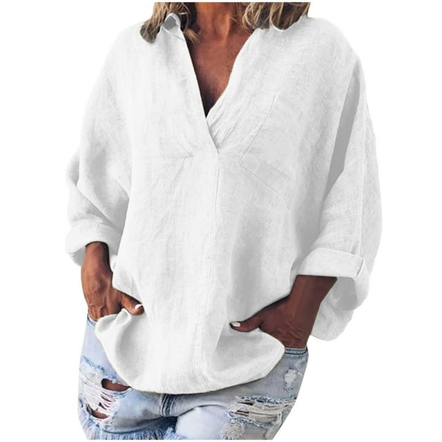 Pompotops Hauts de Mode pour Femmes Couleur Unie Manches Longues Chemise Ample en Coton et Lin Blouse Décontractée Col en V Liquidation