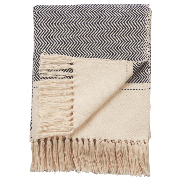 Soft Blue and Cream White Geometric Woven Fringed Throw Blanket 50" x