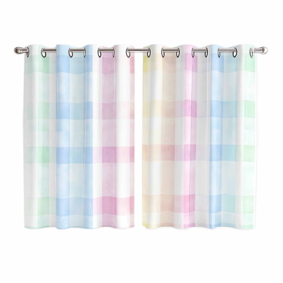Blue Pink Plaid Kitchen Curtains 72 Inch Length, Pastel Green White Buffalo Patchwork Grommet Top Bedroom Living Room Curtains, Light Filtering Cafe Curtain Drapes 2 Panels Set 104''x72''