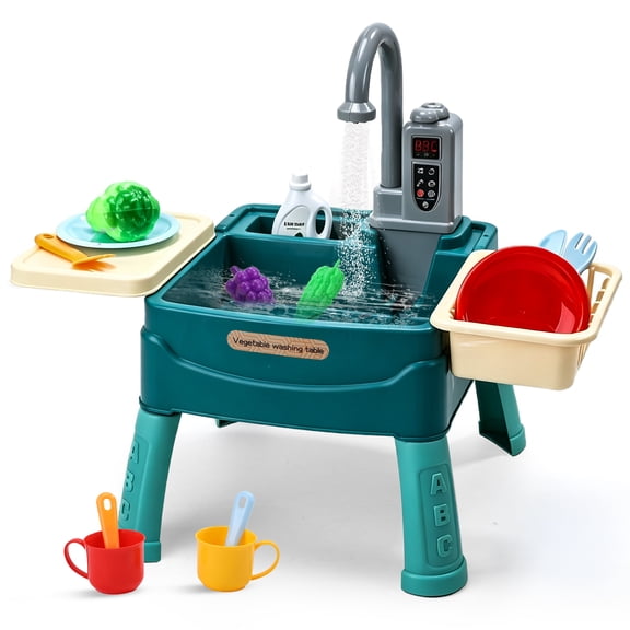 Kids Play Sink with Running Water, Pretend Kitchen Sink Toy Set, 24PCS Dish Washing Playset with Vegetables and Tableware, Educational Role Play Toy for Boys Girls Ages 3 