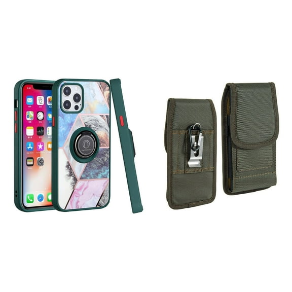 Bemz Ring Series Case for iPhone 14 (TPU Silicone Cover with Magnetic Stand) and Vertical Rugged Nylon Belt Holster Pouch (Green on Galaxy Marble/Midnight Green)