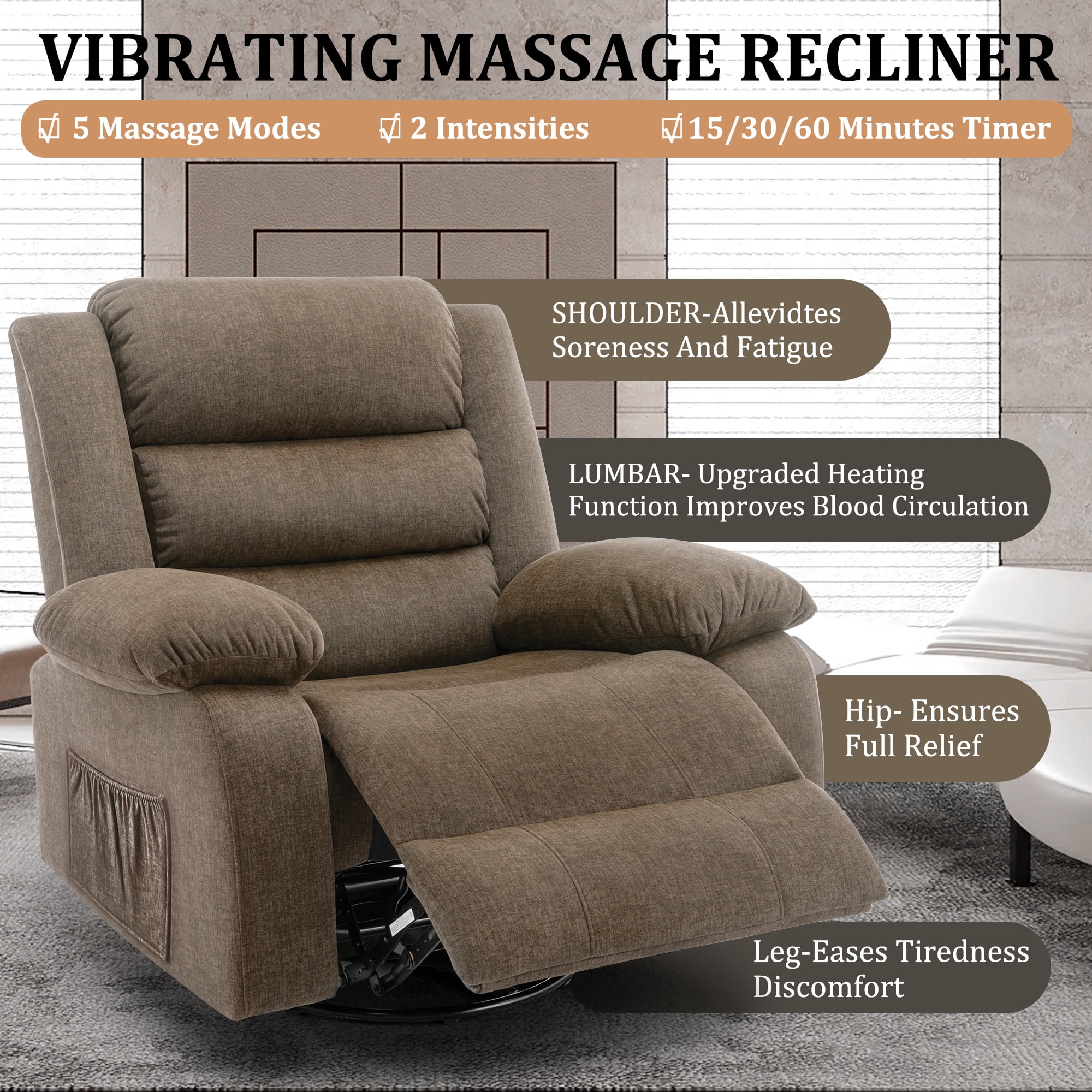 Korser Oversized Swivel Rocker Recliner Chair for Adults 40.6'' Wide for Nursery Living Room,Brown