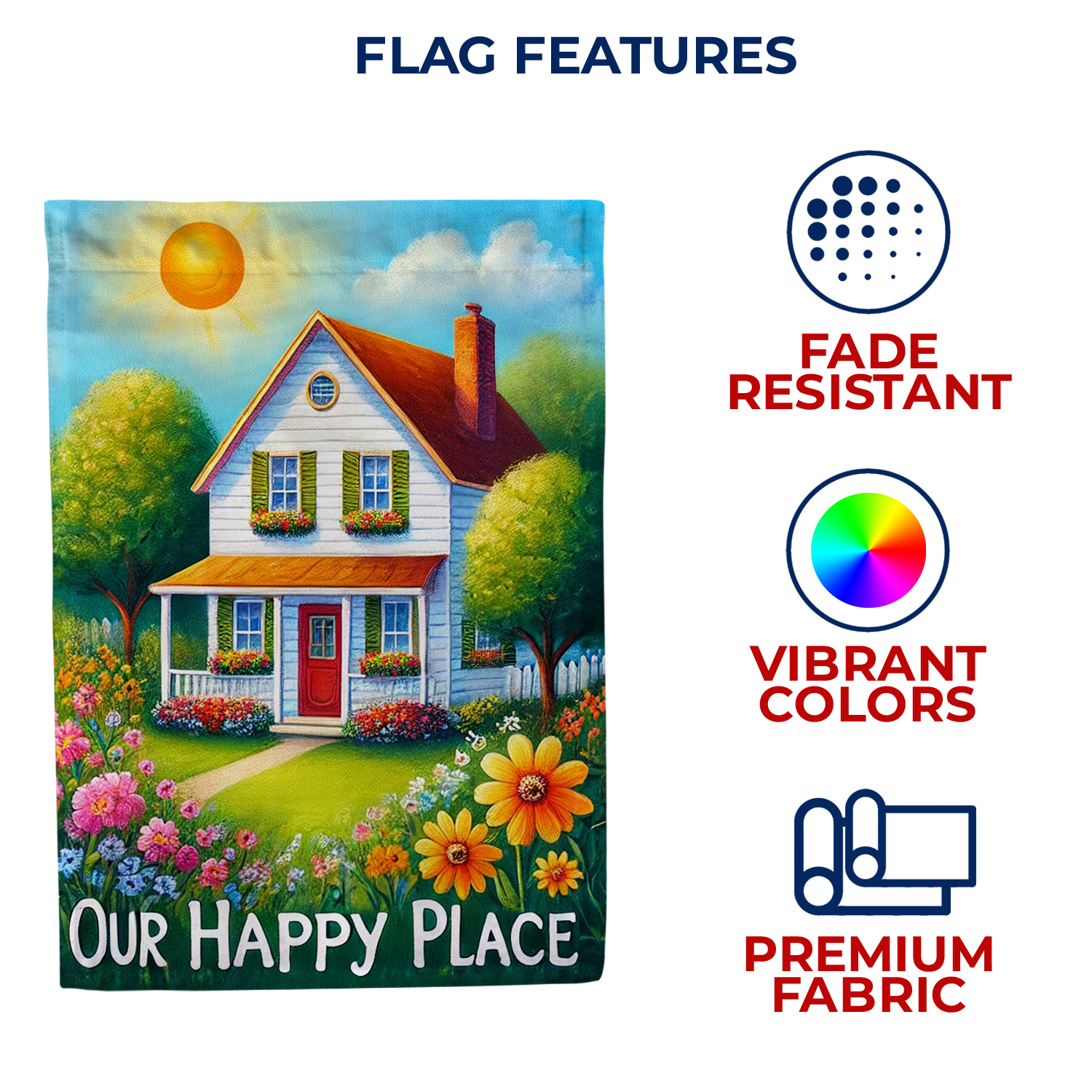 America Forever Our Happy Place House Flag, 28 x 40 inch Double Sided, Sunlit House with Flower Banner, Warm Welcome Home Flags, Spring Summer Seasonal Housewarming Outdoor Decorative for Lawn