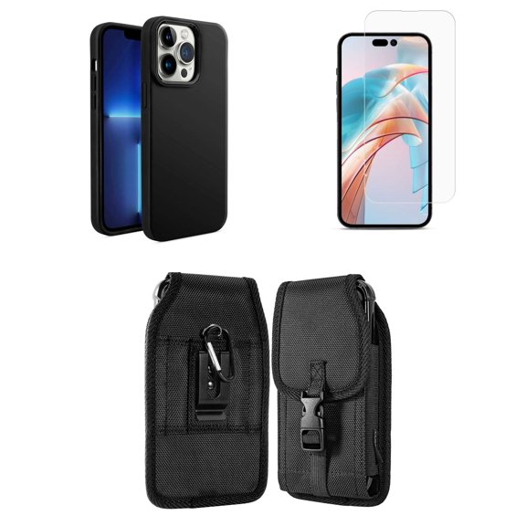 Bemz Phone Case for iPhone 15 Pro Max - Liquid TPU Silicone (Metal Buttons/Camera Edges) Protection Cover, Screen Protector, Vertical Release Buckle Belt Holster Pouch (Black)