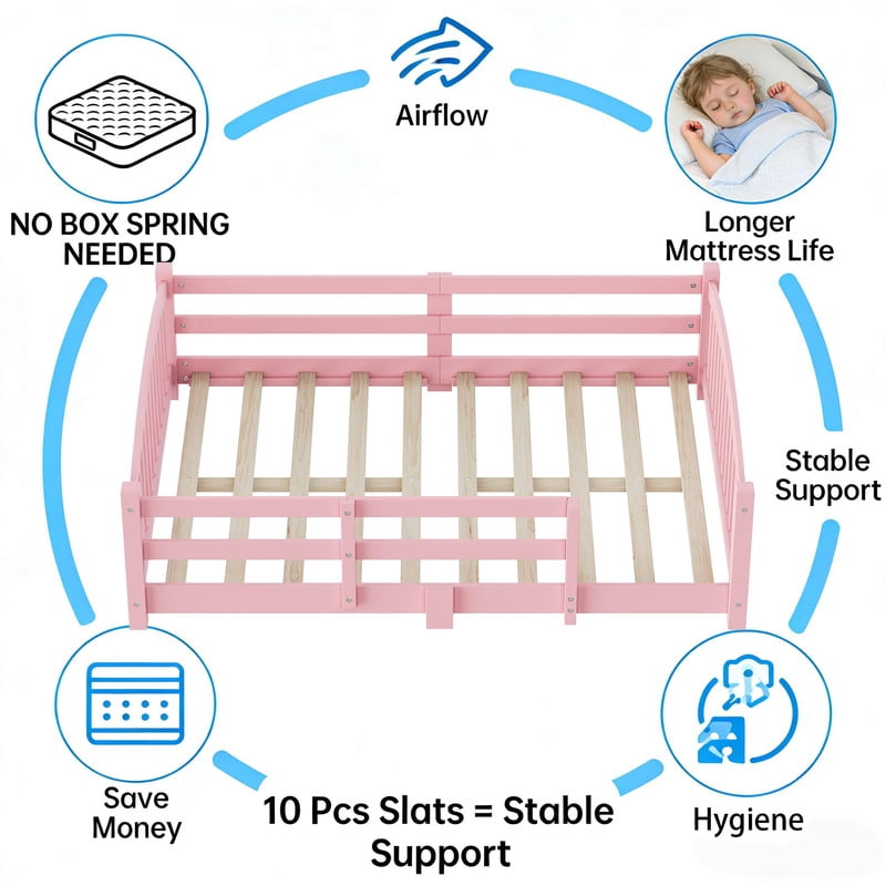 Mirightone Wood Full Floor Bed with Safety Guardrails, Full Montessori Bed Frame with Slats, No Box Spring Needed - Pink