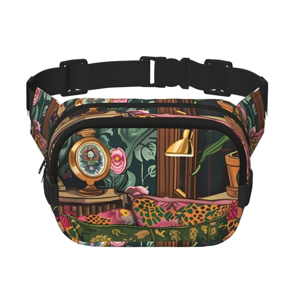 Easygdp Dog On Floral Couch Fanny Packs for Women Men, Belt Bag, Fashion Crossbody Bags, for Workout/Running/Hiking