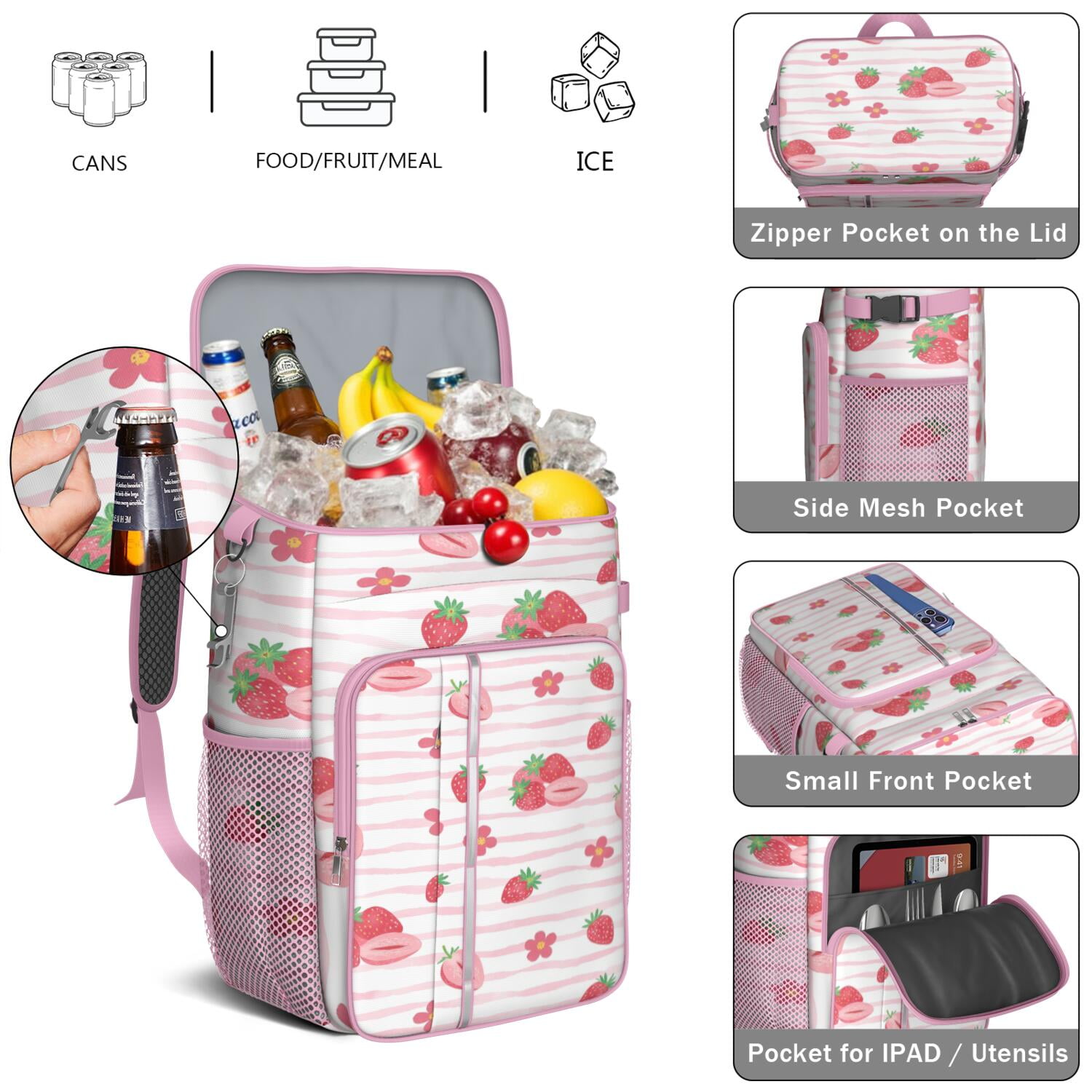 Insulated Cooler Backpack,Soft Backpack Coolers Insulated Leak Proof Travel Cooler Bag Waterproof Lunch Picnic Beach Work Trip Thermal Bag Drink Beverage Beer Bag Cooler Strawberry