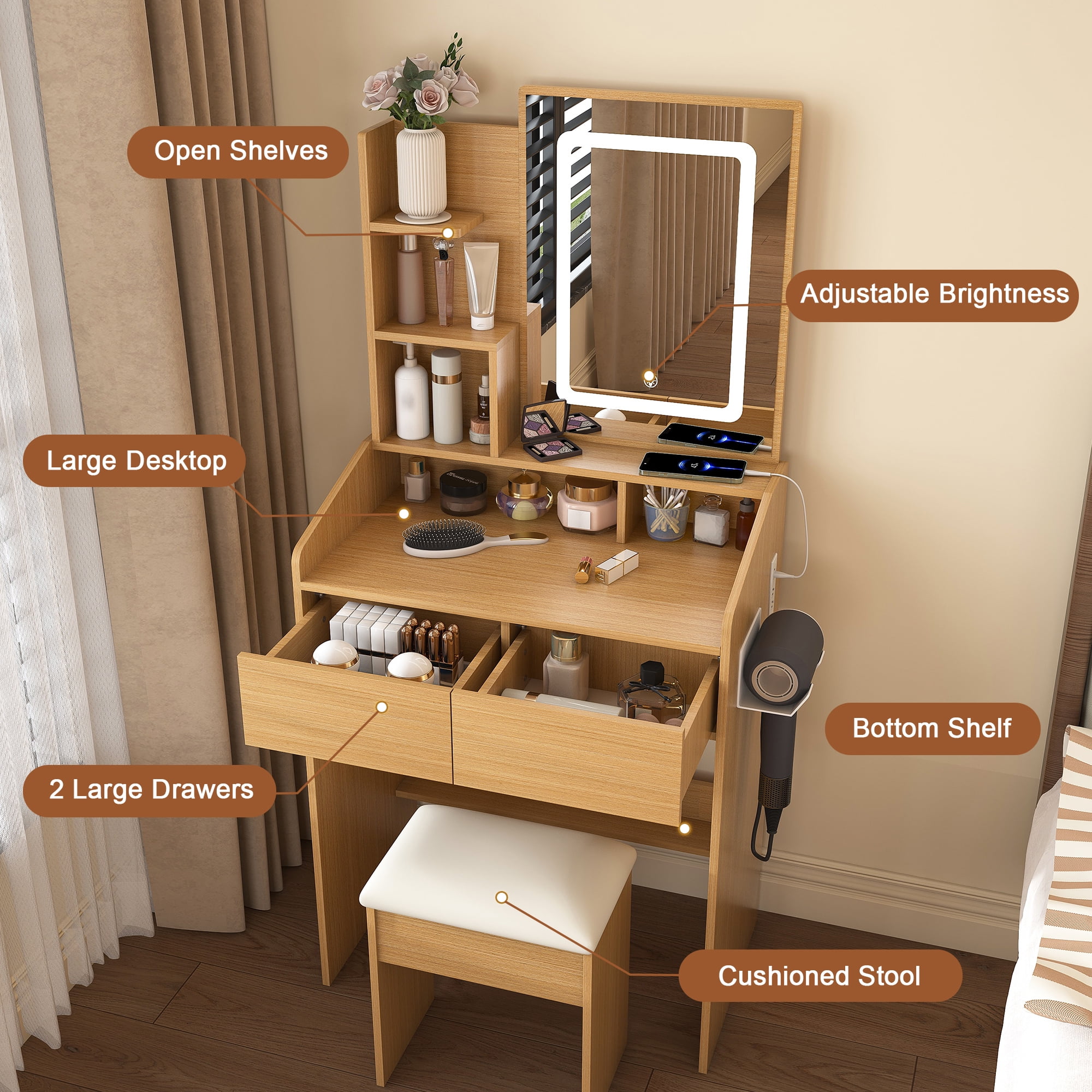 Jopath Makeup Vanity Table Set,Wood Dressing Table with Mirror and Lights,Power Outlet, Hairdryer Holder & Stool for Small Bedrooms