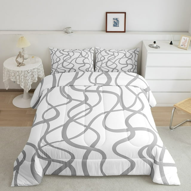 Erosebridal Geometric Lines Bedding Sets Twin With Comforter, Modern Abstract Duvet Insert,White Gray Comforter Sets Twin Size, Microfiber Room Decor,2Pcs