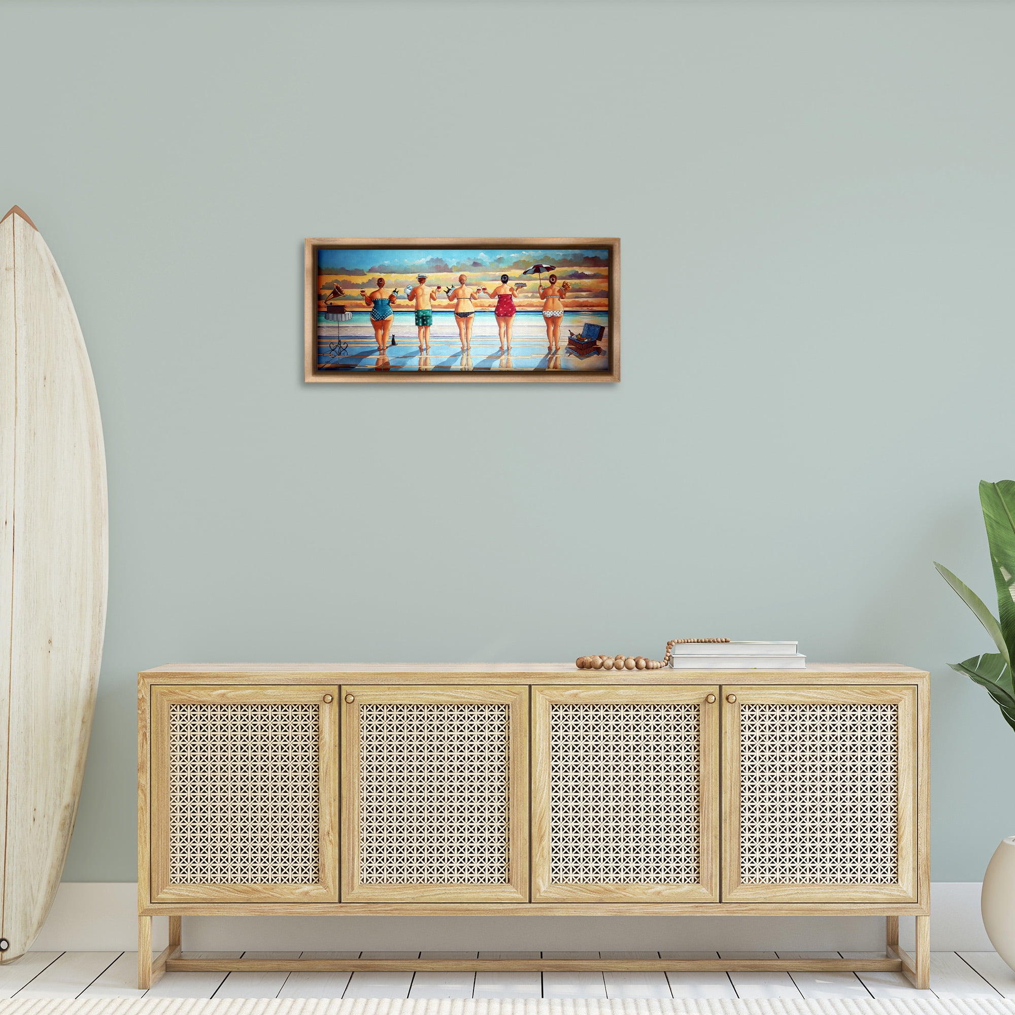 Stupell Industries Beach Friends Coastal Summer Fun Nature Painting Brown Floater Framed Canvas Art Print Wall Art, 31 x 14