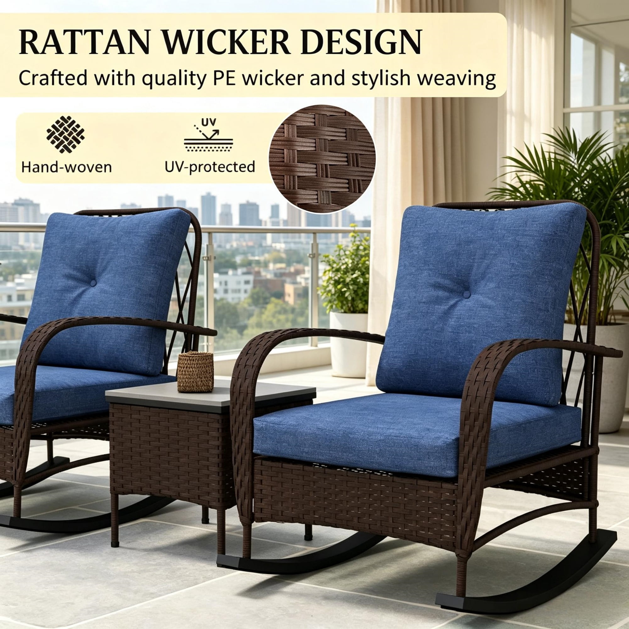3-Piece Wicker Patio Furniture Set, Outdoor PE Rattan Rocking Chairs with Coffee Table & Plush Cushions, Brown