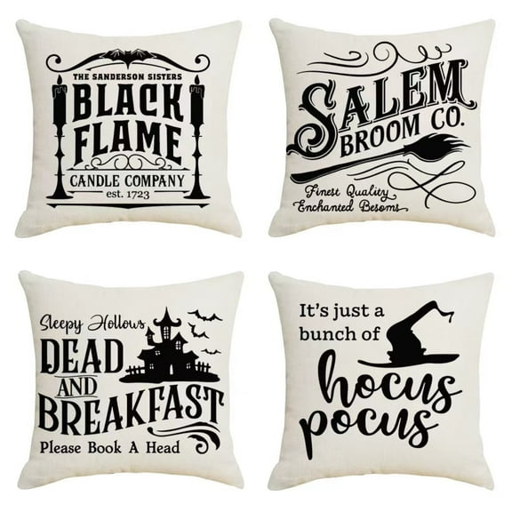 Spooky Happy Halloween Witch Pillow Covers Set of 4 Halloween Grey Color Decorations Quotes Cotton Linen Home Square Shape Pillow Covers 18 x 18 inches for Rustic Modern Farmhouse