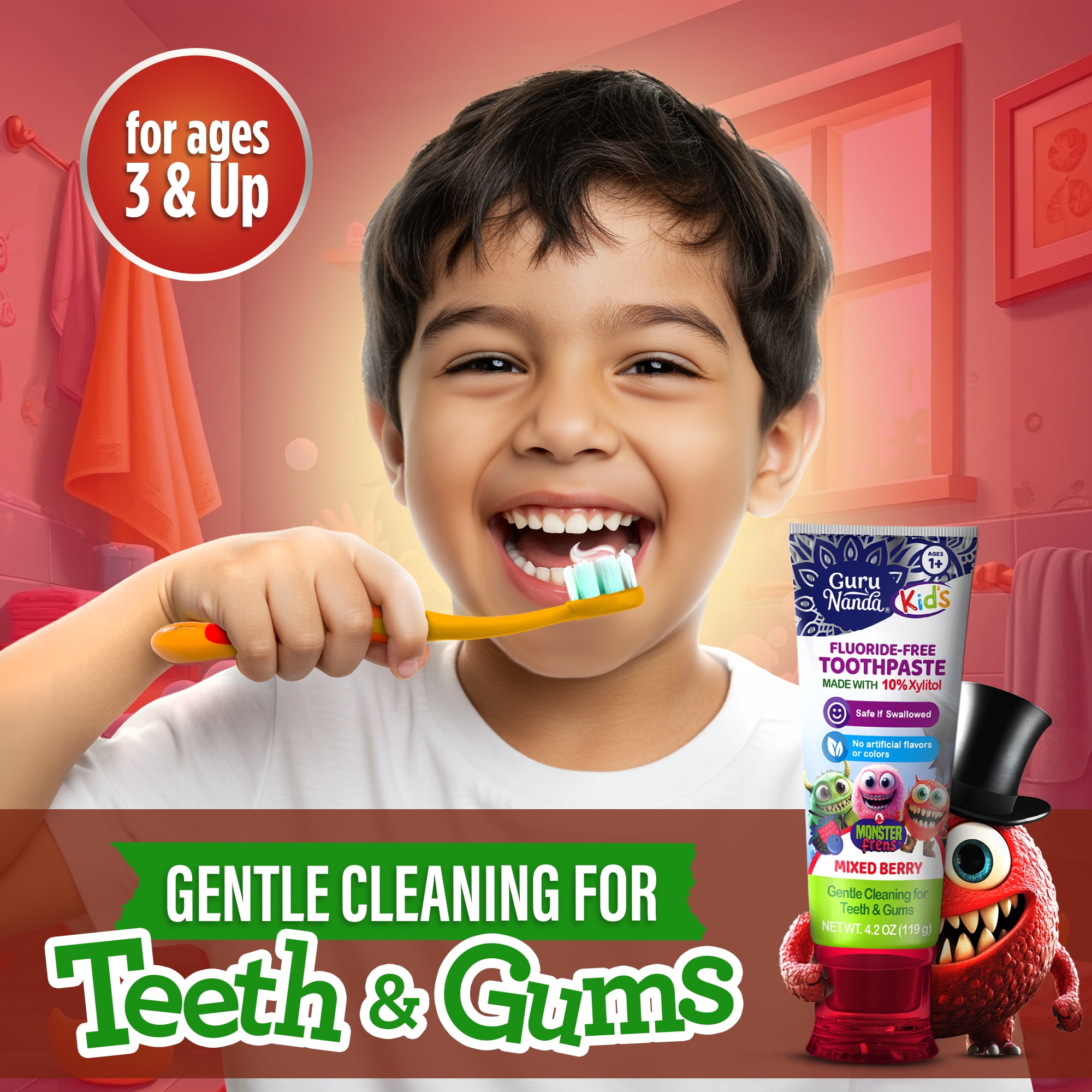 Gurunanda Kid's Toddler Toothpaste with Xylitol - Fluoride-Free - Mixed Berry Flavor - 4.2 oz