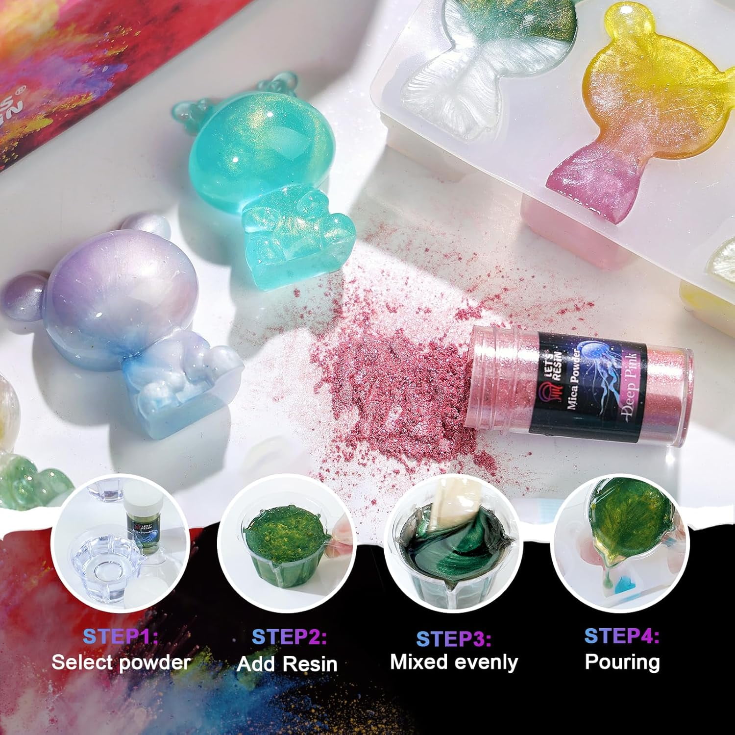 LET'S RESIN 60 Colors Mica Powder, Natural Pearlescent Pigment Powder for Epoxy Resin/UV Resin for Candle Making, Resin Dye, Painting, Art Crafts
