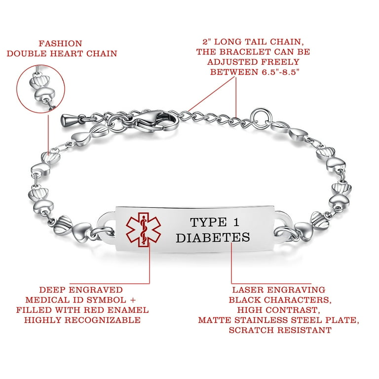 Medical Id Bracelets for Women Gold Heart Chain Medical ID