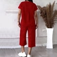 thumbnail image 4 of Uootdi Two Piece Sets for Women Summer Notched Neck Roll Cuff Sleeve Blouse High Waist Capri Pants Trendy Daily Outfits, 4 of 5