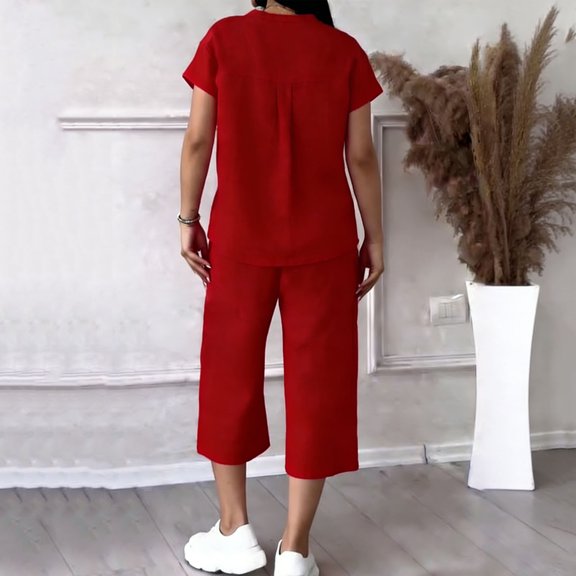 Costeam Womens 2 Piece Linen Matching Outfit Short Sleeve V Neck Button Down Top Side Patch Pocket Drawstring Elastic High Waist Capri Wide Leg Pants Lightweight Loose Casual Set