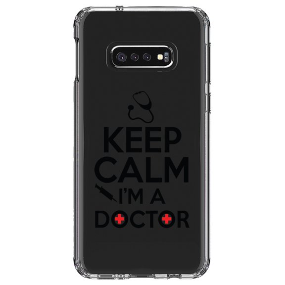 DistinctInk Clear Shockproof Hybrid Case for Samsung Galaxy S10e (5.8" Screen) - TPU Bumper Acrylic Back Tempered Glass Screen Protector - Keep Calm I'm A Doctor