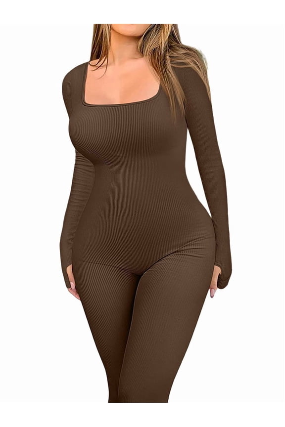 Women'S Workout Seamless Jumpsuit Yoga Ribbed One-Piece Long Sleeve Leggings Romper Brown M