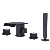 Four Holes Deck Mounted Roman Tub Filler with Hand Shower, 3 Square Knob Handles Bathroom Bathtub Faucet, Matte Black