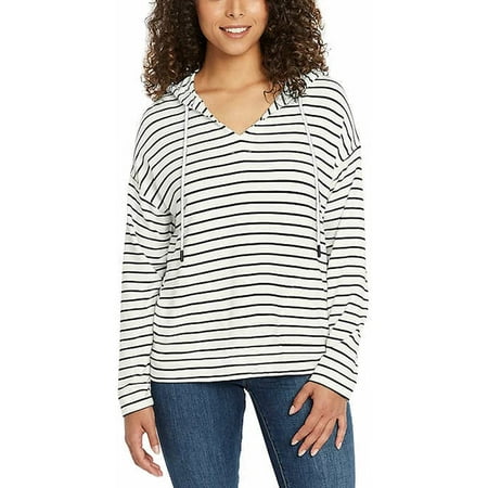 Buffalo David Bitton Women s Super Soft Knit Relaxed Fit Long Sleeve Striped Hoodie with Pockets (White/Black  Small)