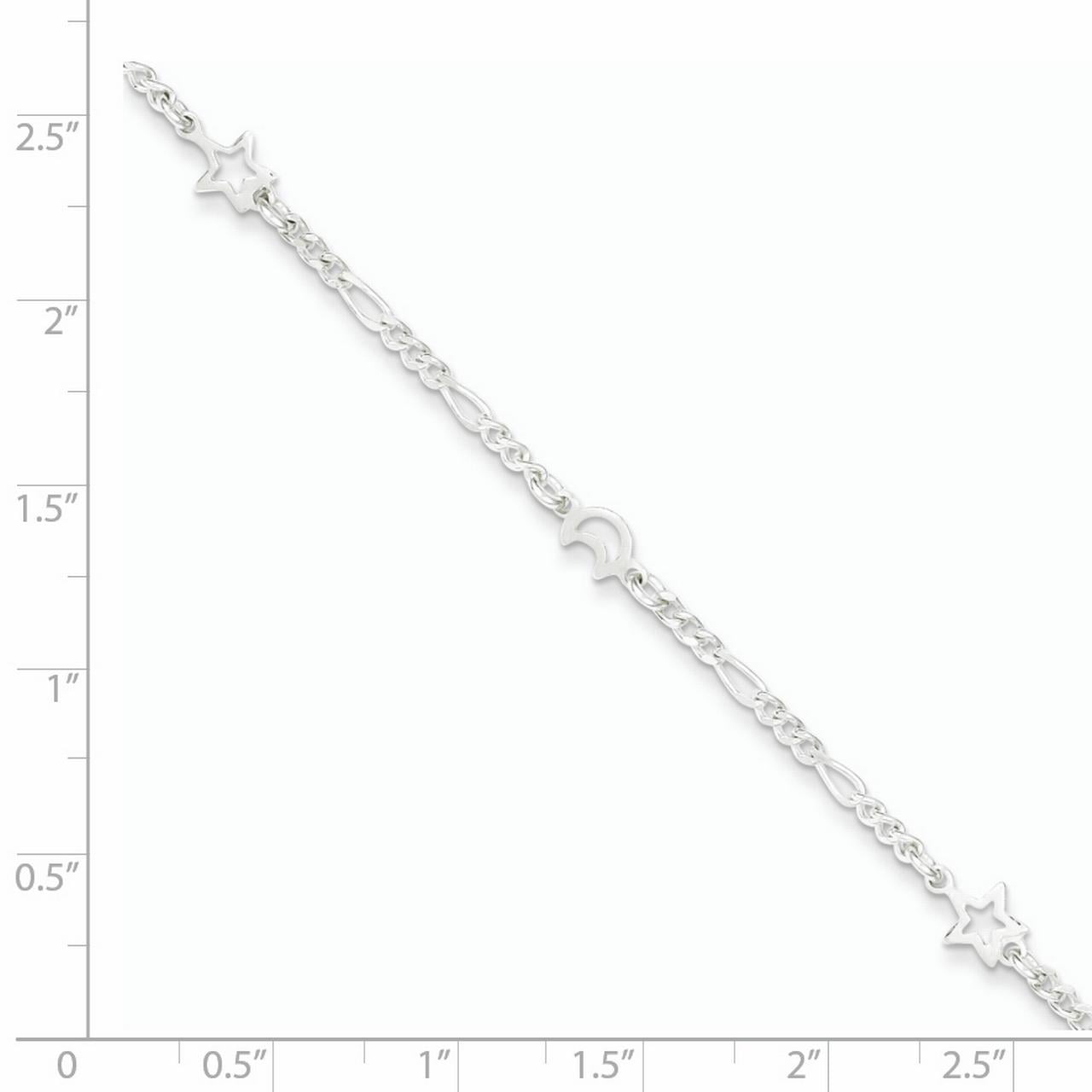 925 Sterling Silver 2mm Polished Moon and Star Chain Anklet with 1in Extender Length