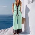 thumbnail image 3 of Bloomae Womens Two Piece Linen Outfits Summer Fashion Color Block Button V Neck Sleeveless Tank Tops and Loose Wide Leg Pants Suit with Pockets Matching Lounge Sets Mint Green M, 3 of 10