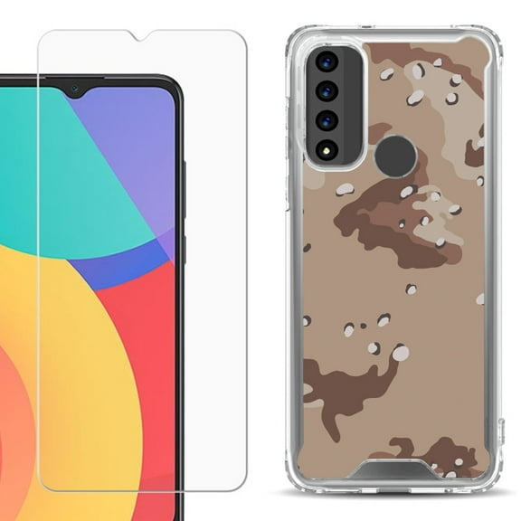 Shockproof Bumper Phone Case for TCL 20 XE, with Tempered Glass Screen Protector, by OneToughShield ® - Desert Camo