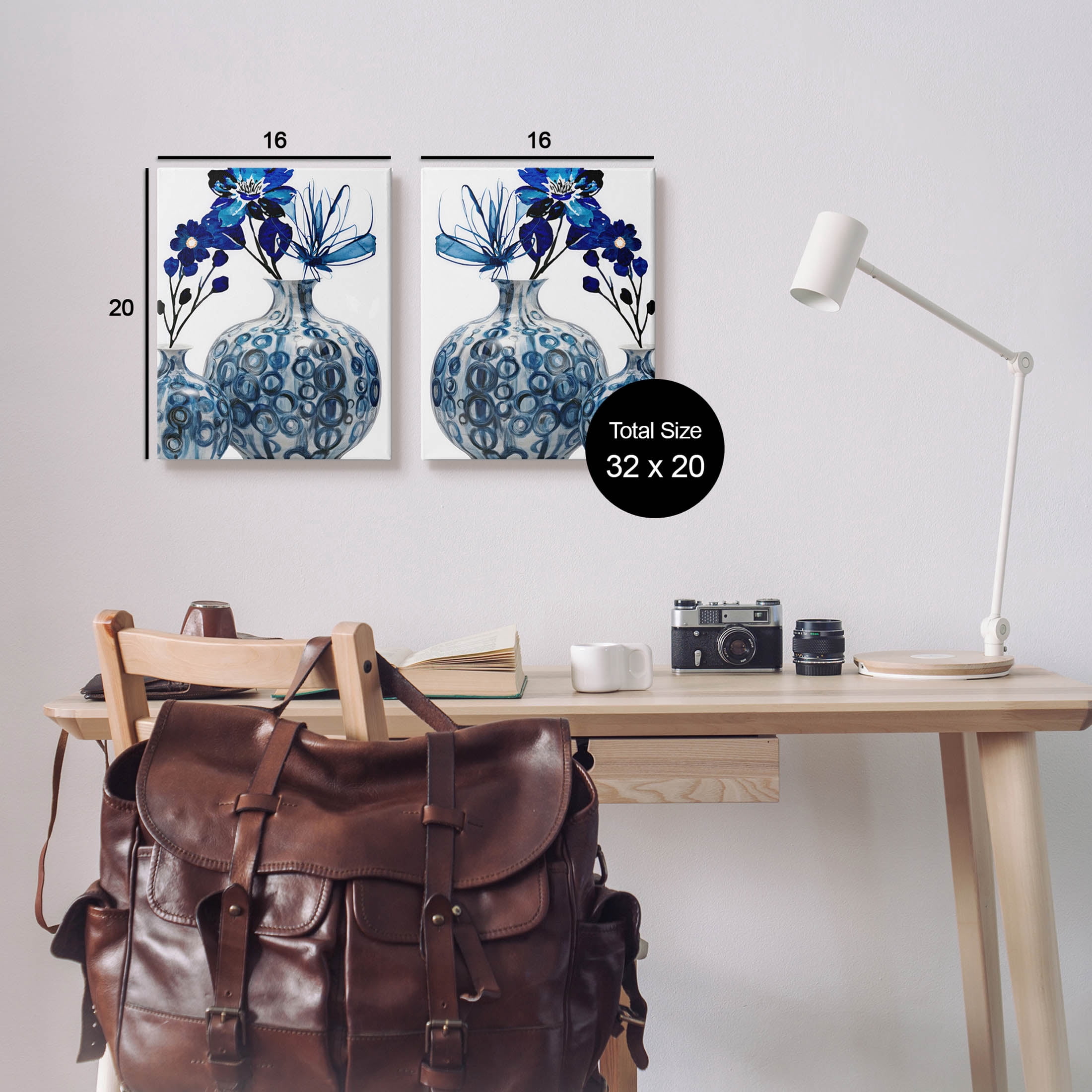 Bold Blue Ikebana Patterned Vase Botanical & Floral Graphic Art Gallery Wrapped Canvas Print Wall Art, Set of 2