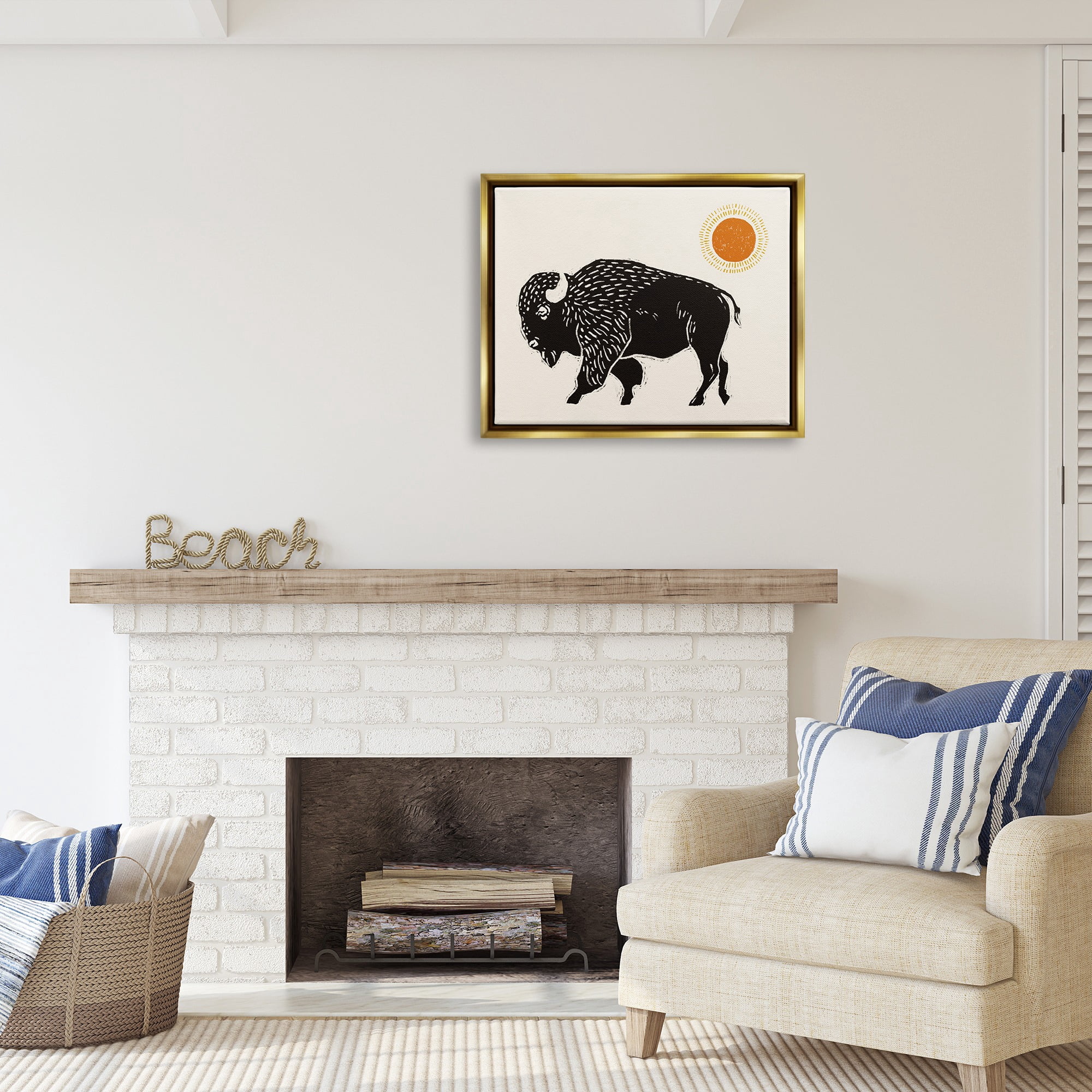 Stupell Industries Boho Bison Facing Left Animals & Insects Painting Gold Floater Framed Canvas Art Print Wall Art, 31 x 25