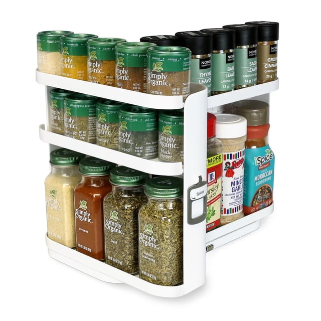 Gabinete Caddy SNAP! Organizador deslizante de especias para gabinete - Organizador de condimentos para tirar y girar - 3 estantes ajustables a presión para 5 niveles de almacenamiento - Diseño modula
