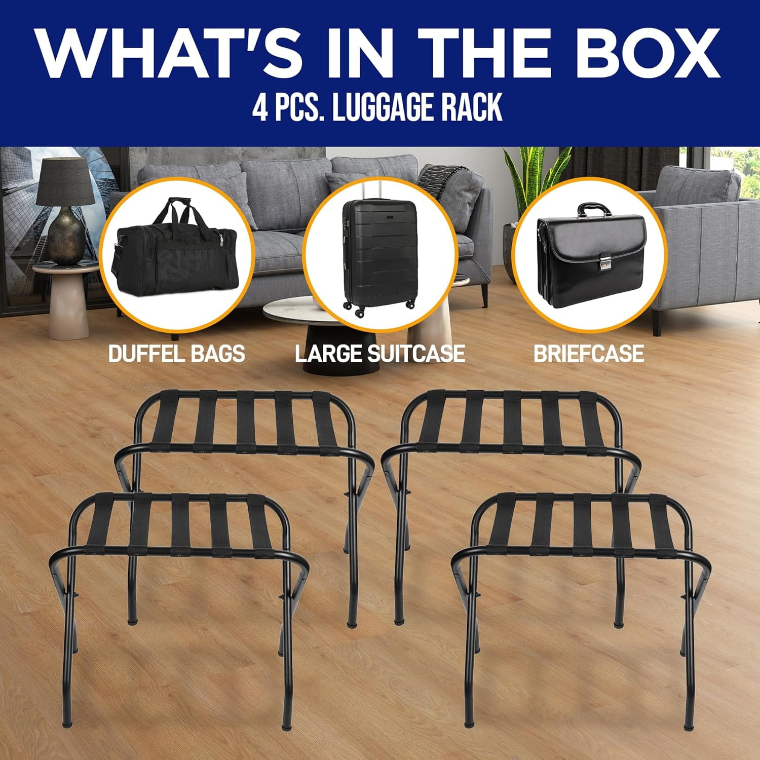Metal Luggage Rack - Pack of 4 Foldable, Easy Assembly, Space Saving, and Stylish Steel Frame Guest Suitcase Stands with Nylon Straps - Black